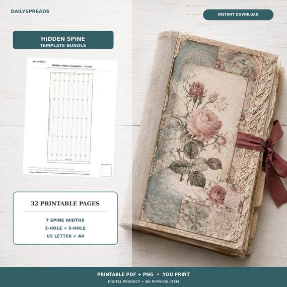 Junk Journal Hidden Spine Template Bundle, 7 Sizes, US Letter and A4 Printable PDF
