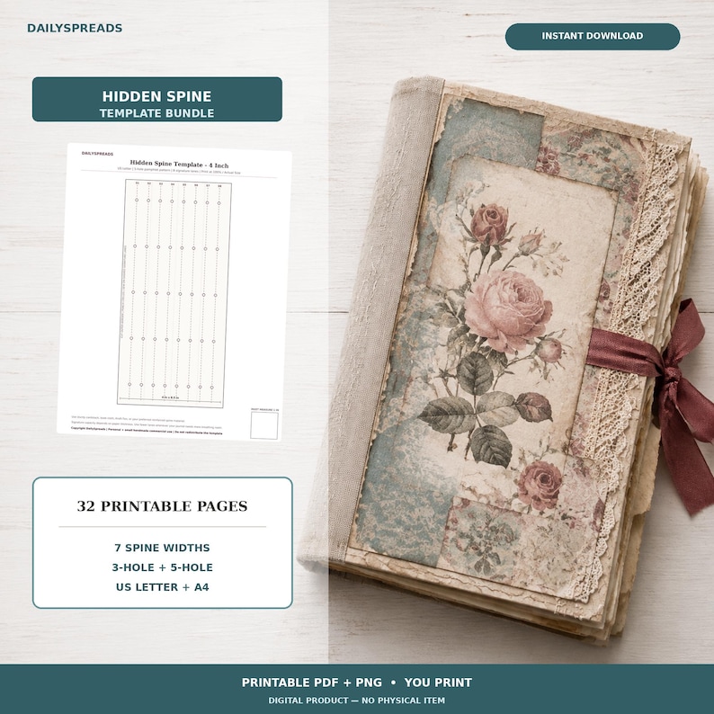DailySpreads_HiddenSpine_Hero.jpg DailySpreads junk journal
    hidden spine template bundle with an open burgundy handmade journal,
    printable template preview, and US Letter plus A4 file details.