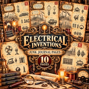 May include: A collection of ten junk journal pages featuring vintage-style technical illustrations of electrical inventions, including light bulbs, dynamos, and motors, with ornate gear-themed borders and the text Electrical Inventions.