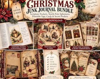 Vintage Victorian Christmas Junk Journal Bundle, Scripture Pockets, Tags, Ephemera (Digital Download)
