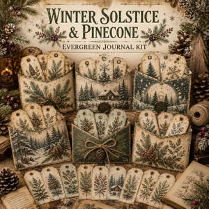 May include: A Winter Solstice & Pinecone Evergreen Journal Kit featuring multiple paper envelopes and tags decorated with illustrations of pine trees, pinecones, snowflakes, and winter cabins in muted green, brown, and cream tones.