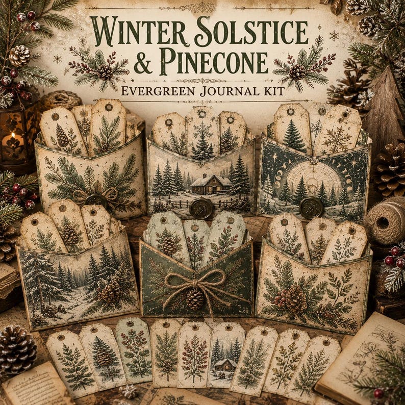 Op de afbeelding: Een Winter Solstice & Pinecone Evergreen Journal Kit met meerdere papieren enveloppen en labels versierd met illustraties van dennenbomen, dennenappels, sneeuwvlokken en winterhutten in gedempte groen-, bruin- en cr&egrave;metinten.