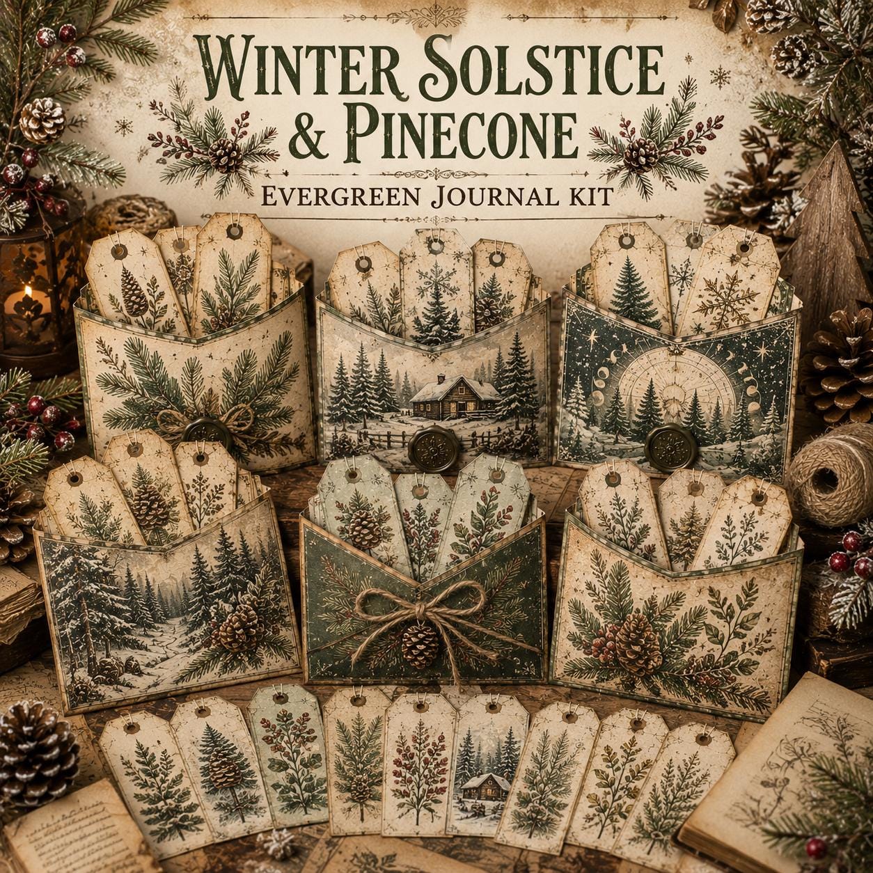 Winter Solstice Pinecone Journal Kit, Evergreen Paper Craft (Digital Download)