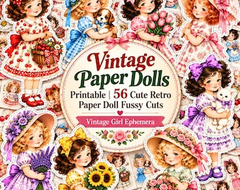 Vintage Paper Dolls Printable | 56 Retro Fussy Cuts (Digital Download)