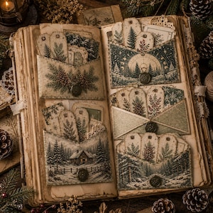 Op de afbeelding: Een open scrapbook in vintage-stijl met meerdere papieren zakjes en enveloppen versierd met winterse bossc&egrave;nes, dennenbomen en dennenappels. Elk zakje bevat diverse decoratieve papieren labels met illustraties van botanische elementen en besneeuwde landschappen.