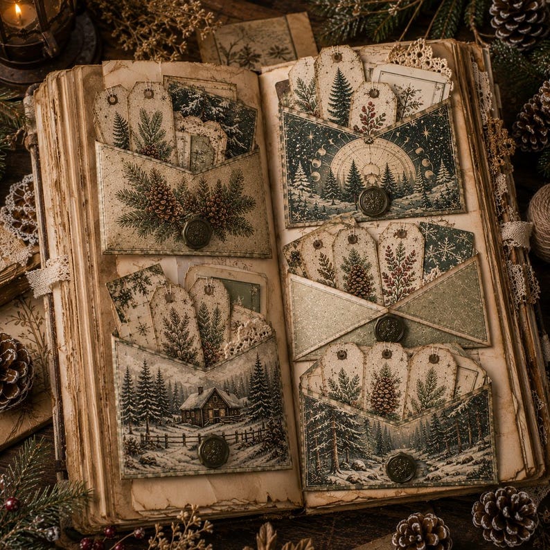 Op de afbeelding: Een open scrapbook in vintage-stijl met meerdere papieren zakjes en enveloppen versierd met winterse bossc&egrave;nes, dennenbomen en dennenappels. Elk zakje bevat diverse decoratieve papieren labels met illustraties van botanische elementen en besneeuwde landschappen.