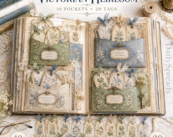 Victorian Junk Journal Pockets, Dusty Blue & Sage Printable Pocket and Tag Kit