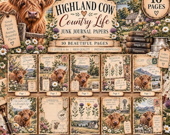 Highland Cow Junk Journal Kit, Farmhouse Printable Pages, Rustic Country Scrapbook Paper, Digital Download