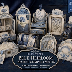 May include: A collection of paper craft storage units and boxes featuring a blue and cream floral pattern. The set includes a cabinet, a desk organiser, a camera-shaped box, and various pockets with matching tags. Text reads: DAILYSPREADS BLUE HEIRLOOM SECRET COMPARTMENTS 10 INTERACTIVE POCKETS + MATCHING TAGS DIGITAL DOWNLOAD YOU PRINT.