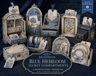 Blue Heirloom Secret Compartments, Interactive Junk Journal Pockets, Printable Ephemera Tags, Vintage Digital Download