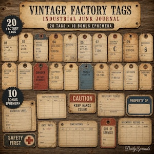 May include: A collection of vintage-style factory tags and industrial ephemera featuring twenty rectangular tags and ten bonus labels. The set includes various printed forms with text like DANGER, CAUTION, and INSPECTION RECORD on aged paper.