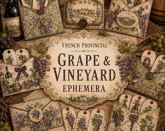French Provincial Grape Vineyard Ephemera, Vintage Wine Tags, Junk Journal Pockets (Digital Download)