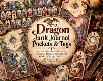 ドラゴンファンタジージャーナルポケット＆タグ、中世ゴシックエフェメラ（デジタルダウンロード）