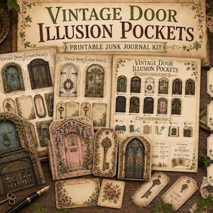 May include: A printable junk journal kit titled Vintage Door Illusion Pockets featuring various paper sheets with illustrations of doors, keys, and tags. The kit includes 10 pocket designs, 20 tags and cards, an assembly guide, and US Letter and A4 formats.