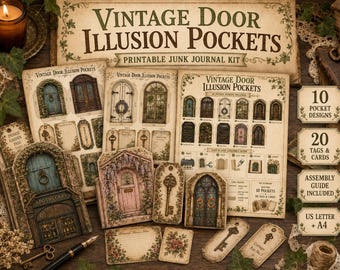 Vintage Door Illusion Pockets Printable Junk Journal Kit, 10 Cottagecore Designs & Ephemera