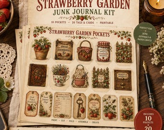 Vintage Strawberry Garden Junk Journal Kit, Printable Pockets Tags & Cards PDF
