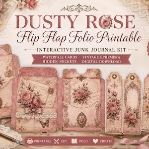 Può includere: Un kit di diario interattivo stampabile Dusty Rose Flip Flap Folio con motivi floreali, 10 tasche e 20 etichette. Il set include effimeri vintage, carte a cascata e tasche nascoste con il testo: Printable, Cut, Fold, Create.