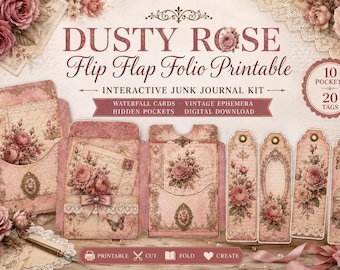 Dusty Rose Flip Flap Folio Printable Kit - Interactive Junk Journal Pockets and Waterfall Cards - Digital Download