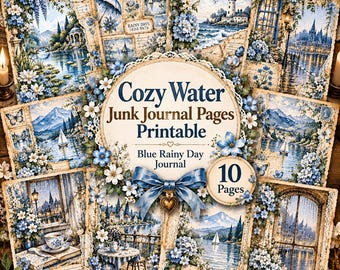 Cozy Water Junk Journal Pages, Blue Botanical Ephemera (Digital Download)