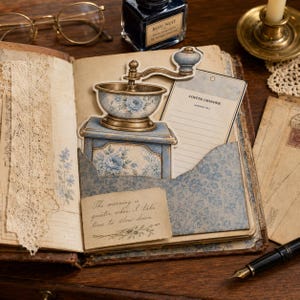 May include: A vintage-style journal page featuring a die-cut illustration of a blue floral coffee grinder, a lined card labeled COFFEE GRINDER, and a paper scrap with the text The morning is quieter when I take time to slow down.