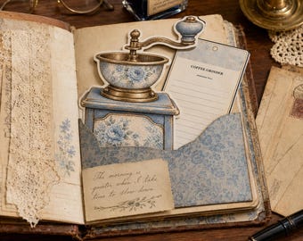 Blå Heirloom-fickor med dolda föremål, utskrivbart skräpjournal-kit med ephemera-motiv