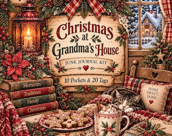 Christmas at Grandma's House Junk Journal Kit, Vintage Holiday Pockets & Tags (Digital Download)