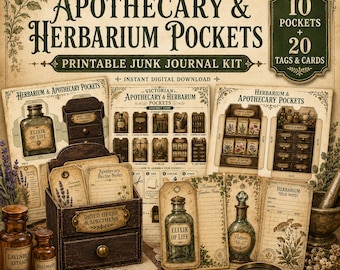 Printbare set met Victoriaanse apothekersherbariumzakjes, ephemera voor een junk journal (digitale download)