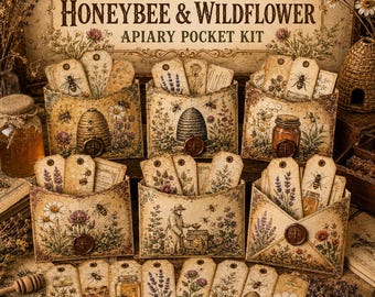Vintage Honeybee Junk Journal Pockets, Printable Tags & Ephemera, Wildflower Paper Craft PDF