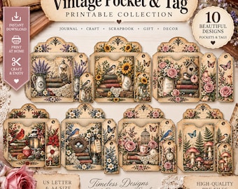 Vintage Floral Pocket & Tag Printables, Junk Journal Ephemera (Digital Download)