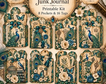 Peacock Junk Journal Kit Printable Pockets Tags Vintage Peacock Ephemera Botanical Scrapbook Digital Download