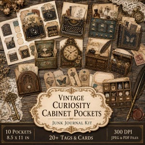 May include: A junk journal kit titled Vintage Curiosity Cabinet Pockets featuring 10 pockets and 20+ tags and cards. The kit includes printed paper designs of vintage cameras, typewriters, clocks, chests, and cabinets with botanical and antique motifs.