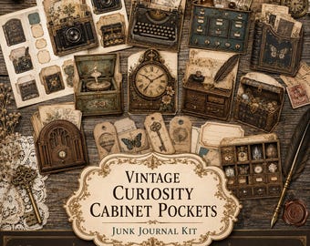Vintage Junk Journal Pockets, Curiosity Cabinet Printable Ephemera & Tags