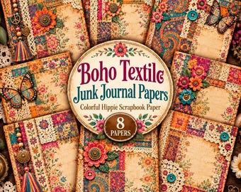 Boho Textile Junk Journal Papers, Colorful Hippie Scrapbook Pages (Digital Download)