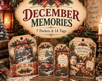 December Memories Junk Journal Pockets & Tags, Christmas Printable Ephemera, Vintage Holiday Digital Download