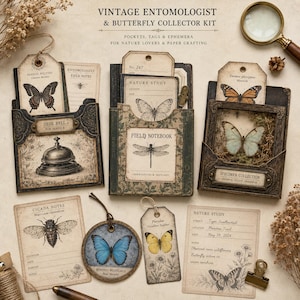 Utskrivbart skräpjournalkit med vintage entomologi, fjärilssamlarfickor och småsaker