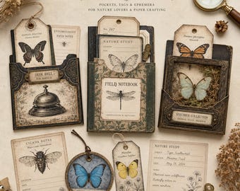 Vintage Entomology Printable Junk Journal Kit, Butterfly Collector Pockets & Ephemera