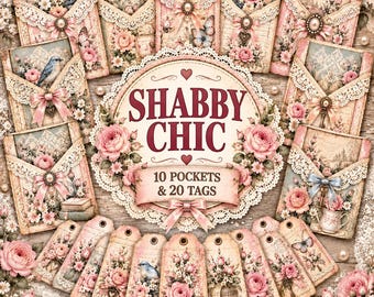シャビーシックなジャンクジャーナル用ポケット＆タグ、花柄レースのエフェメラ（PDF）