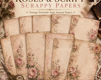 Vintage Roses & Script Scrappy Papers, Shabby Chic Junk Journal (Digital Download)