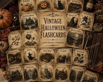 Vintage Halloween Flashcards, Gothic Junk Journal Ephemera (Digital Download)