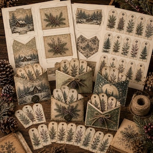 Op de afbeelding: Een set bedrukte knutselvellen met winterse taferelen, dennenbomen en dennenappels. De set bevat uitgeknipte cadeaulabels, gevouwen enveloppen en decoratieve kaarten met vintage-stijl illustraties in gedempte groen- en bruintinten.