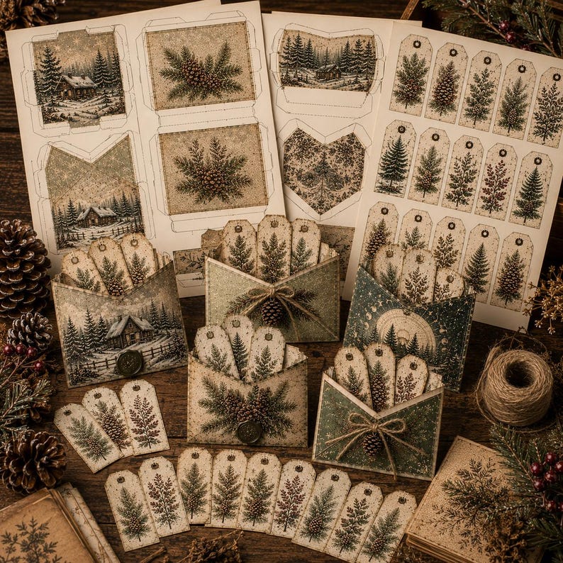 Op de afbeelding: Een set bedrukte knutselvellen met winterse taferelen, dennenbomen en dennenappels. De set bevat uitgeknipte cadeaulabels, gevouwen enveloppen en decoratieve kaarten met vintage-stijl illustraties in gedempte groen- en bruintinten.