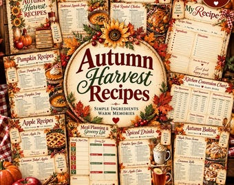 Autumn Harvest Recipe Journal, Vintage Farmhouse Cookbook Pages (Digital Download)