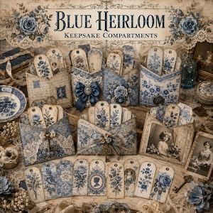 May include: A collection of decorative paper envelopes and matching tags featuring blue floral patterns, vintage portraits, lace accents, and bows. The set is labelled with the text Blue Heirloom Keepsake Compartments in a vintage font style.