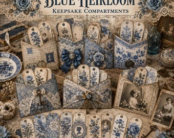 Blauwe erfgoed-junk journal-vakjes, vintage bewaarlabels, printbare efemera