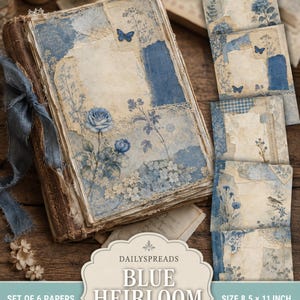 May include: A set of six printable collage papers titled Blue Heirloom, each measuring 8.5 by 11 inches. The designs feature blue and cream floral patterns, butterflies, and textured paper elements. The digital download includes various vintage-style botanical illustrations and layered paper textures for crafting projects.