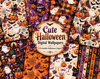 Halloween Digital Paper Pack, 8 Printable Scrapbook Backgrounds (Digital Download)