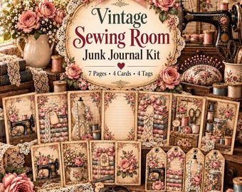 Vintage Sewing Junk Journal Kit, Printable Sewing Ephemera, Tags & Cards, Floral Digital Download