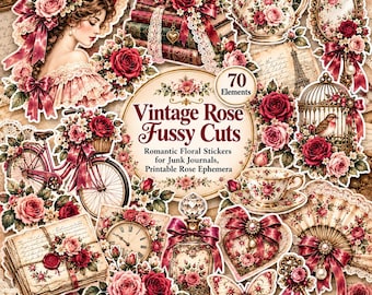 Vintage Rose Fussy Cuts, Romantic Floral Stickers, Junk Journal Ephemera (Digital Download)