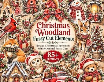 Christmas Woodland Fussy Cuts, Vintage Christmas Ephemera, Winter Animal Printable, Holiday Junk Journal Elements