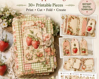 Strawberry Cottage Journal Topper Printable, Vintage Junk Journal Ephemera Kit with Tags, Pockets & Cards